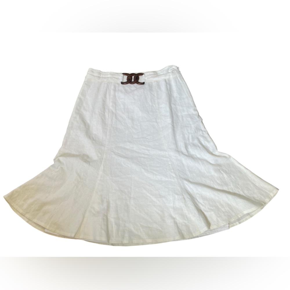 NEW Cato White Brown Linen Classic Normcore Minimal Preppy Belted Flare Skirt